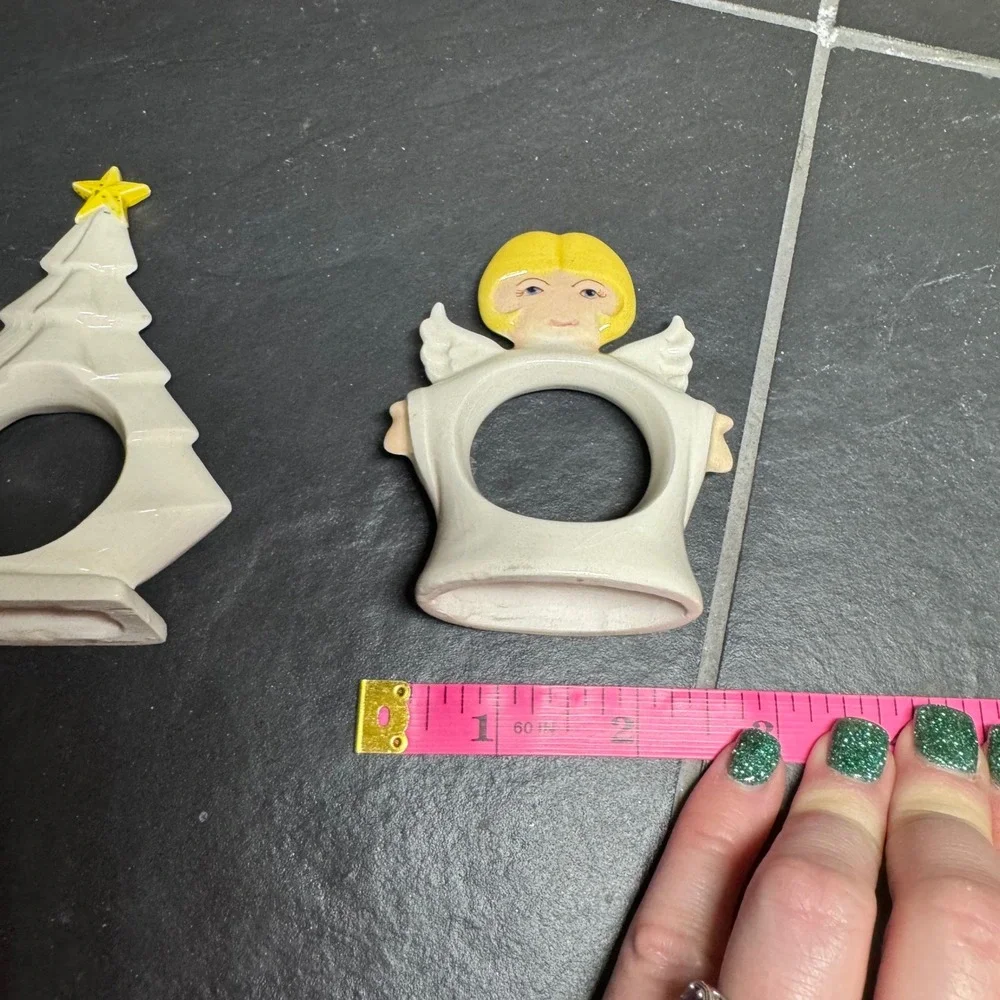 Vintage Ceramic Christmas Napkin Rings Angel and Christmas Tree White Yellow Set